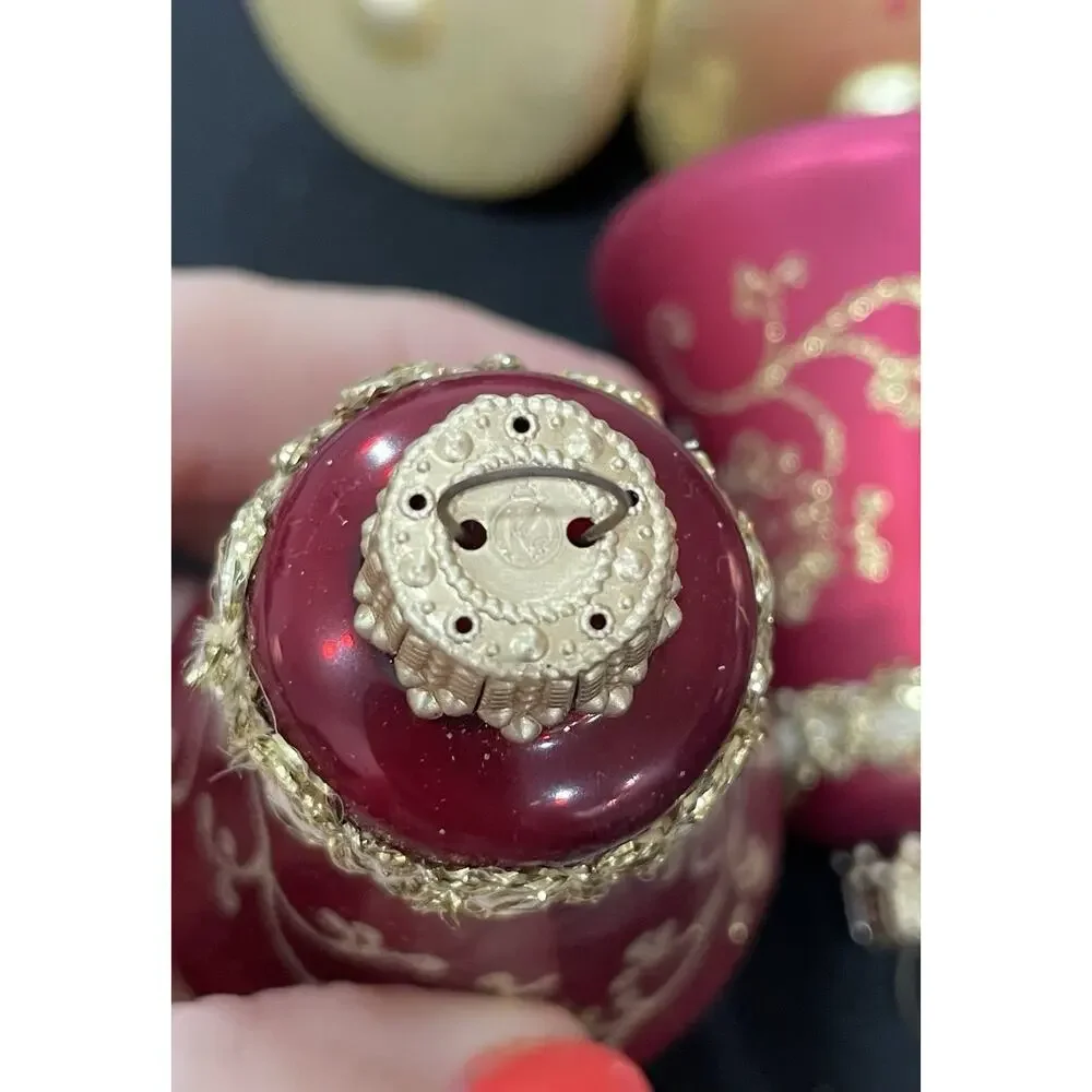 Vintage German Glass Bell Ornaments Set 6 Original Caps Marked Krebs Pink & Gold
